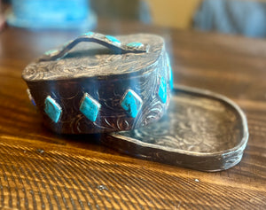 Faux Leather with Faux Turquoise Stones and White Gold Luster Large Brick Style Butter Dish