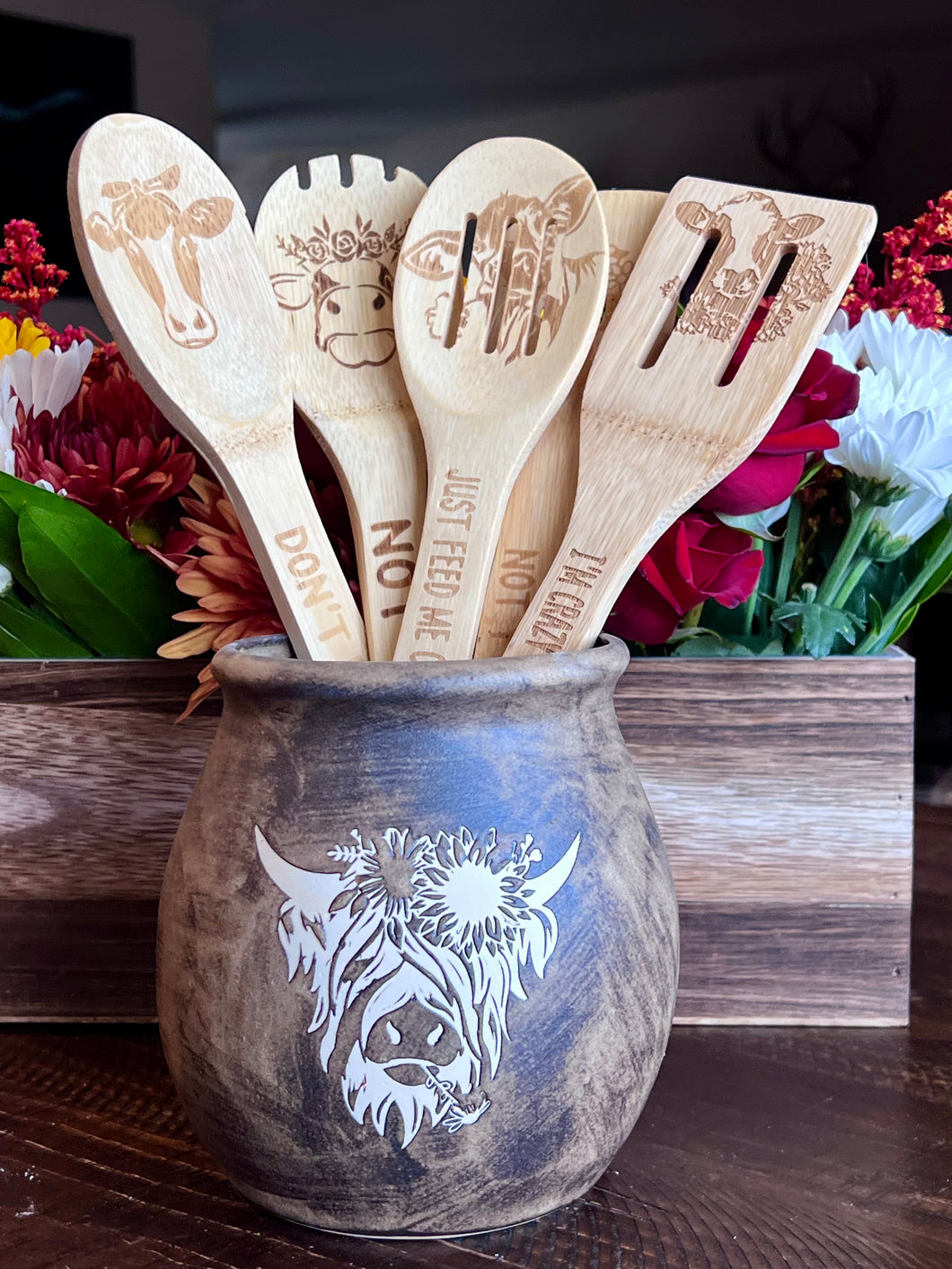 Rustic Brown Highland Coo Utensil Holder