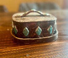 Load image into Gallery viewer, Faux Leather with Faux Turquoise Stones and White Gold Luster Large Brick Style Butter Dish